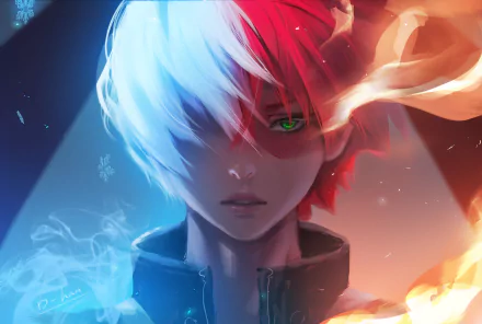 HD anime wallpaper of Shoto Todoroki from My Hero Academia, featuring his distinctive two-toned hair and striking green eyes with fire and ice elements.