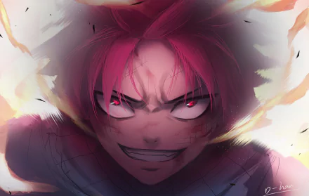 Natsu Dragneel from Fairy Tail depicted with intense expression and fiery aura in this vibrant 4K Ultra HD anime desktop wallpaper.