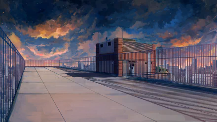 HD anime desktop wallpaper and background of a rooftop building surrounded by a fence, set against a dramatic, colorful sky at dusk.