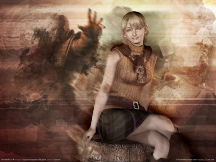 Image of Ashley Graham from Resident Evil 4, portrayed in a HD desktop wallpaper featuring her sitting against a dark, atmospheric background from the video game.