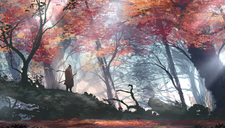 HD desktop wallpaper featuring a samurai from the video game Sekiro: Shadows Die Twice standing in a forest with vibrant autumn foliage.