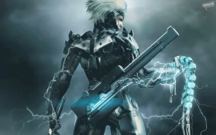 HD wallpaper featuring Raiden from Metal Gear Solid and Metal Gear Rising: Revengeance, showcasing the character in a dramatic pose with a weapon amidst a stormy background.