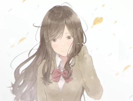 HD PC desktop wallpaper: teary anime girl with long brown hair in a school uniform and bow, soft pastel background with drifting petals.