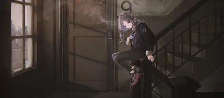 Anime-style HD desktop wallpaper featuring a long-haired character with twintails wearing a hoodie, sitting on stairs while holding a cigarette in a dimly lit setting.