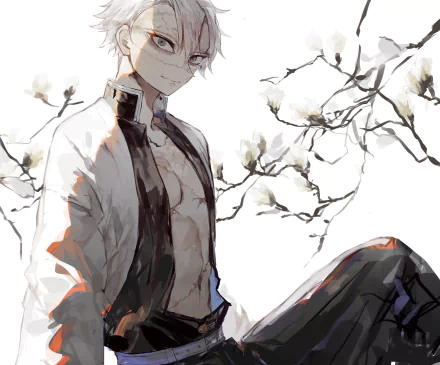 HD anime desktop wallpaper featuring Sanemi Shinazugawa from Demon Slayer: Kimetsu no Yaiba, depicted with a serious expression against a background of blossoming branches.