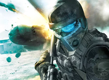 HD PC desktop wallpaper featuring a soldier in futuristic combat gear from Tom Clancy's Ghost Recon: Future Soldier with an explosive background scene.