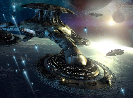 HD PC desktop wallpaper from the video game Haegemonia, depicting a detailed futuristic space station orbiting a planet with ships and distant celestial bodies.