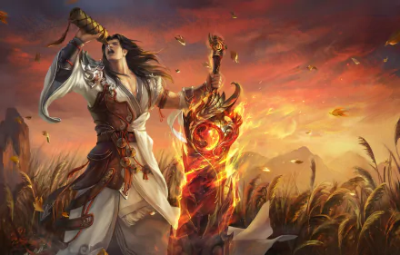 A fantasy warrior in elaborate armor raises a glowing, fiery sword amid a field at sunset, with embers and autumn leaves swirling in the air, depicted in vivid HD detail.