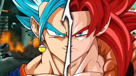 HD anime desktop wallpaper featuring a split image of Gogeta in Super Saiyan Blue and Super Saiyan 4 forms, blending Dragon Ball GT and Dragon Ball Super styles.