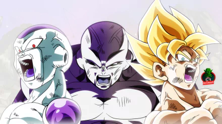 HD desktop wallpaper featuring Jiren, Super Saiyan Goku, and Frieza from Dragon Ball Super in an intense anime showdown.