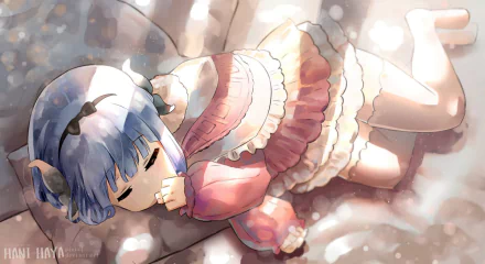 HD anime desktop wallpaper featuring Kanna Kamui from Miss Kobayashi's Dragon Maid, lying down with soft lighting and delicate pastel colors.