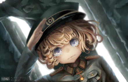 HD PC desktop wallpaper/background of Tanya Degurechaff from the anime The Saga of Tanya the Evil — young soldier in uniform and cap, curly blond hair, wide reflective eyes, moody lighting.