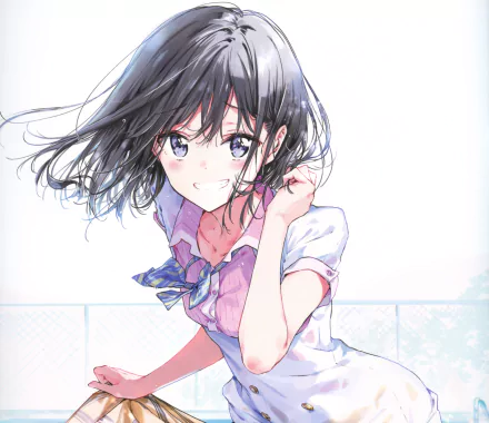 Aki Adagaki from Masamune-kun's Revenge, anime HD PC desktop wallpaper of her smiling with windblown dark hair in a school uniform against a bright, airy background.