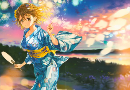 Yoshino Koiwai from Masamune-kun's Revenge in a blue kimono, holding a fan against a vibrant sunset backdrop, rendered in 8K Ultra HD for PC desktop wallpaper.
