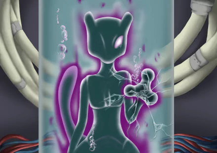 Mewtwo (Pokémon) sealed in a fluid chamber, purple psychic aura and bubbles, anime-style 2K Quad HD PC desktop wallpaper background.