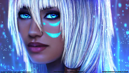 HD desktop wallpaper close-up of Kida (Atlantis: The Lost Empire) with long white hair, glowing blue eyes and luminescent facial markings.