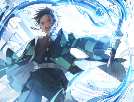 HD wallpaper of Tanjiro Kamado from Demon Slayer: Kimetsu no Yaiba, wielding his sword with dynamic water effects in the background.