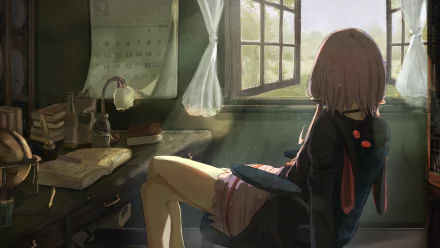 HD anime desktop wallpaper featuring Vocaloid character Yuzuki Yukari sitting by a sunlit window in a cozy, softly lit room filled with books and a calendar on the wall.