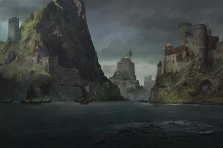 HD PC desktop wallpaper of a misty coastal scene from Game of Thrones: small boats in a dark bay between towering rocky castles beneath brooding storm clouds.