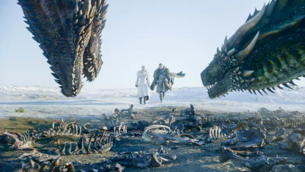 HD desktop wallpaper featuring Jon Snow (Kit Harington) and Daenerys Targaryen (Emilia Clarke) with dragons Rhaegal and Drogon from Game of Thrones.