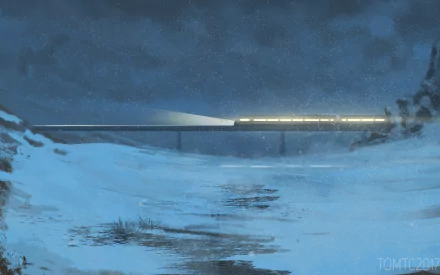HD PC desktop wallpaper featuring a glowing fantasy train crossing a snowy winter landscape under a dark, starry sky.
