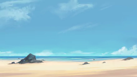Anime-style HD PC desktop wallpaper depicting a serene beach with clear skies, gentle waves, and scattered rocks along the sandy shore.