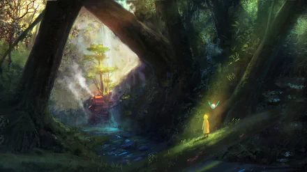Anime-style forest scene with a glowing figure near a butterfly, bathed in soft sunlight, creating a serene atmosphere. HD PC desktop wallpaper background.