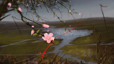 Anime-style HD PC desktop wallpaper featuring a delicate pink cherry blossom branch over a misty, expansive natural landscape with water and grassy fields.