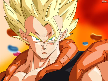 Gogeta from Dragon Ball Z in intense pose with fiery background, rendered in vibrant anime style for a striking 4K Ultra HD PC desktop wallpaper.