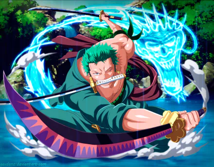HD wallpaper featuring Roronoa Zoro from the anime One Piece, in a dynamic pose with swords, set against a vibrant, action-filled background.