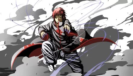 HD PC desktop wallpaper featuring Sasori from Naruto, dressed in Akatsuki attire, surrounded by dynamic swirling lines and a smoky background.