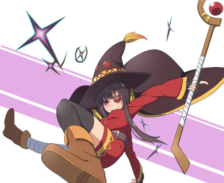 Megumin (KonoSuba) in her witch hat and holding her staff, energetic anime HD PC desktop wallpaper/background with purple accents — KonoSuba: God’s blessing on this wonderful world!!
