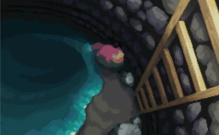 A pixel art depiction of Slowpoke from Pokémon, set in a stone well with a ladder. This HD wallpaper captures a moment from Pokémon: HeartGold and SoulSilver.