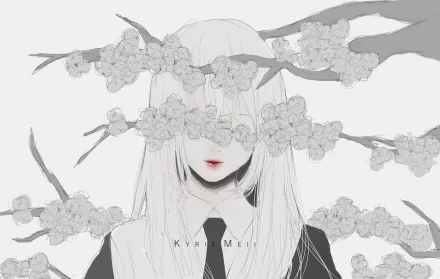 Anime-style sketch of a girl with long hair partially obscured by cherry blossom branches, rendered in grayscale with subtle red lips, designed as an HD PC desktop wallpaper.