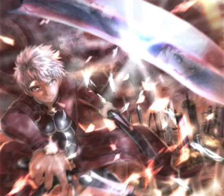 Shirou Emiya (EMIYA) from Fate/Stay Night: Unlimited Blade Works charging through glowing shards — dynamic HD PC desktop wallpaper background.