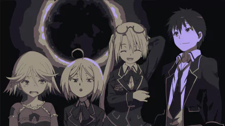8K Ultra HD Trinity Seven PC wallpaper: Mira Yamana, Arin Kannazuki, Selina Sherlock and Arata Kasuga in school uniforms beneath a dark solar eclipse.
