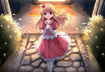 HD anime-style original artwork of a blonde girl in a red dress standing on a cobblestone path illuminated by warm lights, designed as a PC desktop wallpaper.