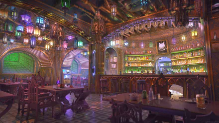 HD anime-themed wallpaper depicting a cozy shop interior with colorful lanterns, wooden furniture, and shelves filled with various items.