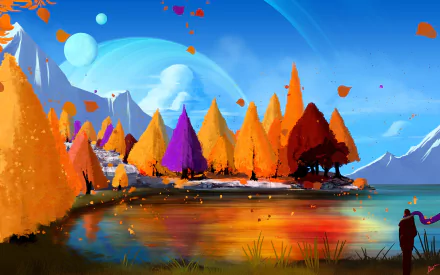 2K Quad HD PC desktop wallpaper: vibrant sci-fi fall landscape with colorful conical trees along a reflective lake, distant ringed planet and moons beneath a bright blue sky.