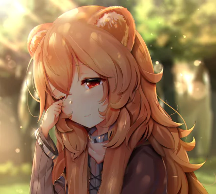 HD wallpaper of Raphtalia from The Rising of the Shield Hero anime, featuring her with red eyes and animal ears, set against a softly lit background.