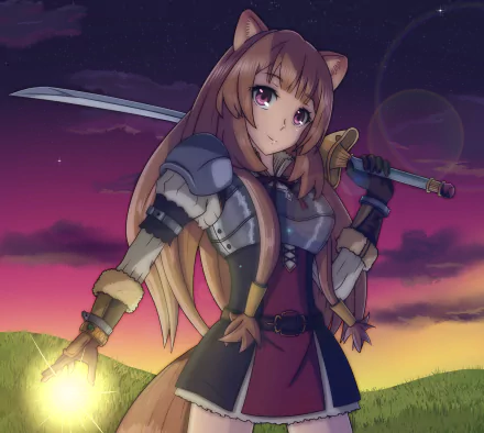 HD anime wallpaper featuring Raphtalia from The Rising of the Shield Hero with pink eyes and brown hair, holding a sword against a vibrant sunset sky.