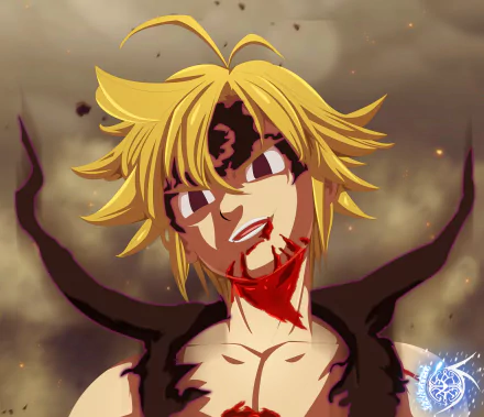 Meliodas (The Seven Deadly Sins) close-up, bloodied smile and demonic markings against a smoky backdrop — 5K Ultra HD anime PC desktop wallpaper/background.