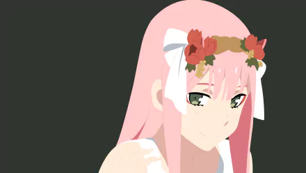 Minimalist HD desktop wallpaper featuring Zero Two from Darling in the FranXX with pink hair, green eyes, and a smile, adorned with a floral crown.