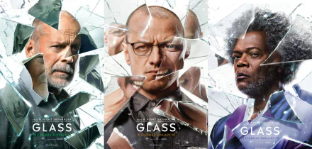 HD wallpaper of Glass featuring split images of Bruce Willis, James McAvoy, and Samuel L. Jackson behind shattered glass.