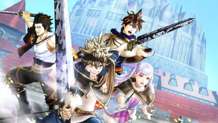 HD wallpaper of Asta, Yuno, Noelle Silva, and Yami Sukehiro from Black Clover posed for battle against a backdrop of a magical kingdom.