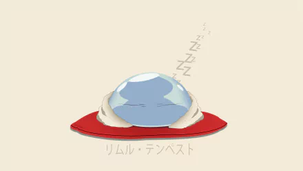 4K Ultra HD anime wallpaper of Rimuru Tempest from That Time I Got Reincarnated as a Slime, peacefully sleeping on a red cushion with soft beige background.