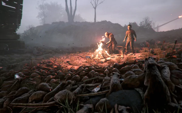 HD wallpaper of Amicia de Rune from A Plague Tale: Innocence, featuring characters by a fire surrounded by swarms of rats.