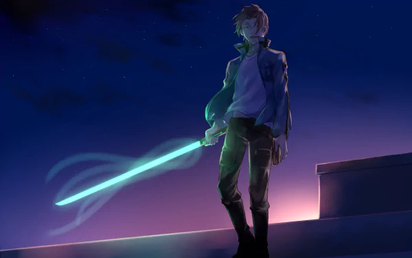 HD anime desktop wallpaper featuring Yūichi Jin from World Trigger, holding a glowing sword against a twilight sky background.