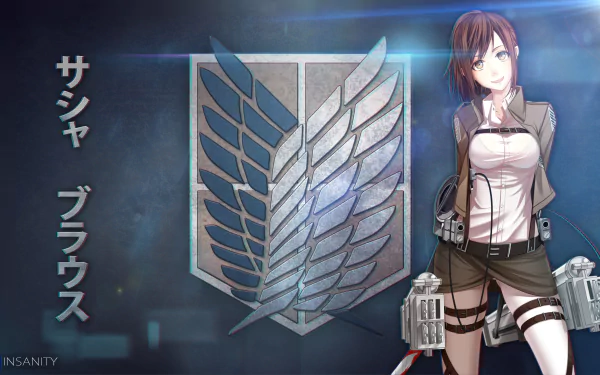 4K Ultra HD anime wallpaper featuring Sasha Blouse from Attack on Titan with brown hair and eyes, standing beside the iconic Scouting Legion symbol and weapons.