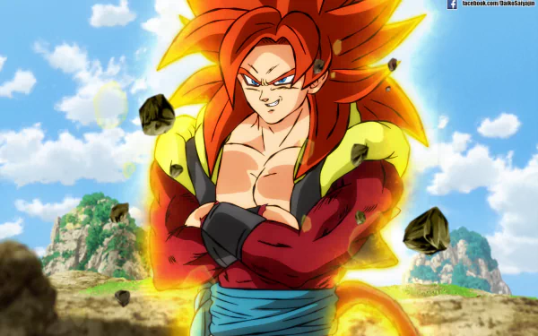 HD desktop wallpaper featuring Super Saiyan 4 Gogeta from Dragon Ball GT, showcasing his intense aura against a bright sky and rocky landscape background.